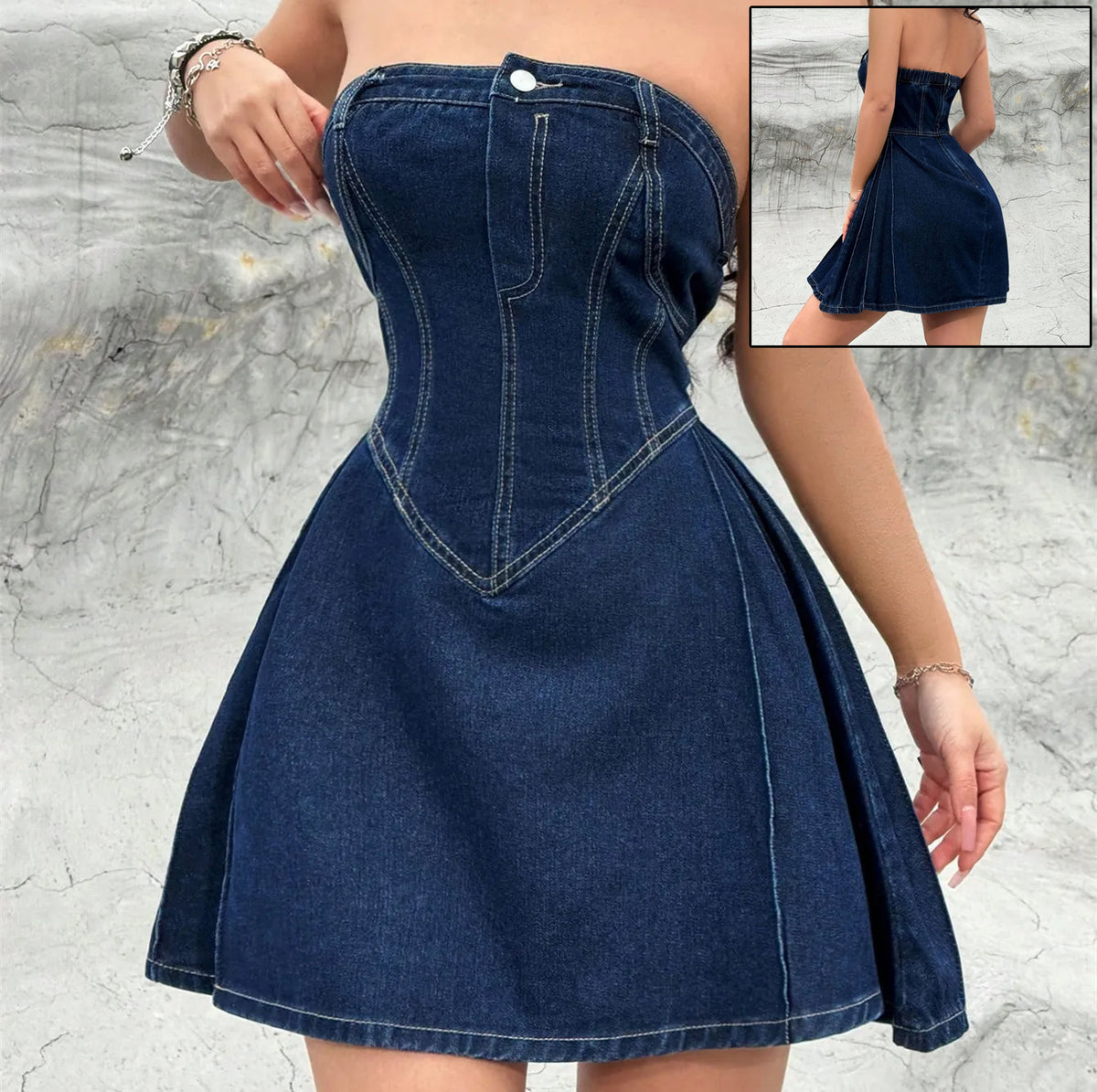 Women's Summer Off-shoulder Low Collar Sexy Fishbone Waist Tight Denim Dress Strapless Sexy Dress Trend Skinny Hipster Party Clubwear Y2K Bodycon