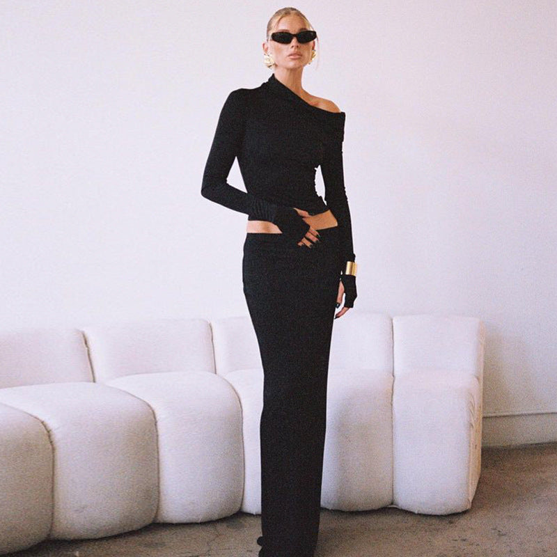 Irregular Long Sleeve Top Sheath Slim-fit Mid-length Skirt Two-piece Suit
