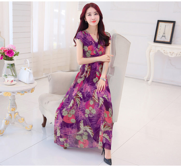 V-neck chiffon print dress slim dress