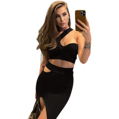 Stylish Sloping Shoulder Crop Top & High Waist Hollow Skirt Set – Tight Two-Piece Cotton Suit (Pink/Black, S-L)