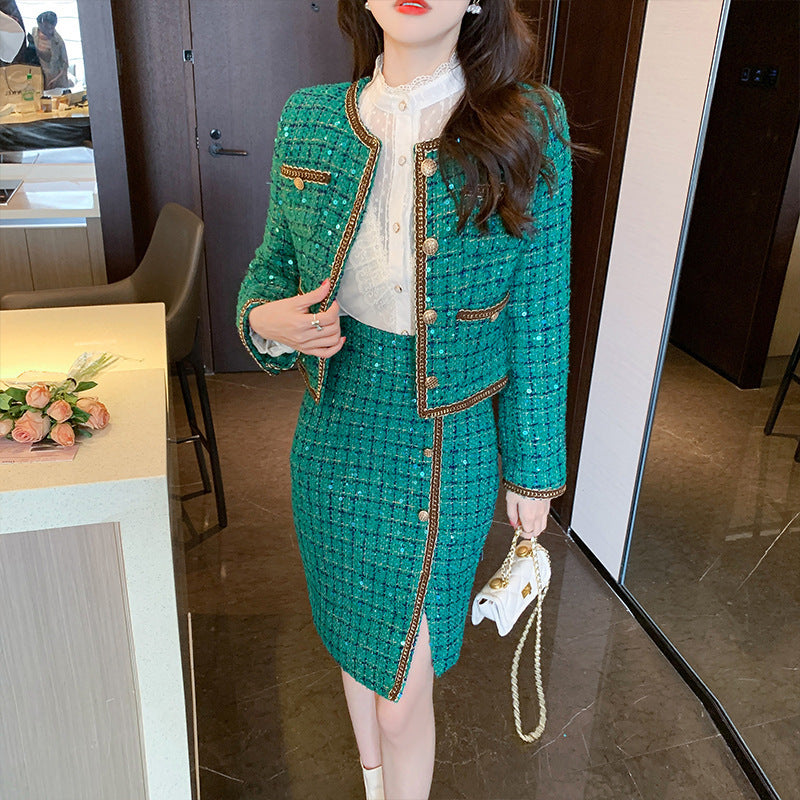 Elegant Green Tweed Coat & Irregular Sheath Skirt Suit – Urban Style with Super Long Sleeves (S-XL)