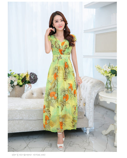 V-neck chiffon print dress slim dress