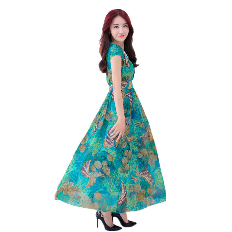 V-neck chiffon print dress slim dress