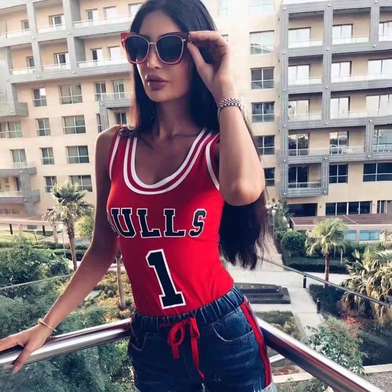 Women's Sports Suspender Jumpsuit - Bulls Basketball Jersey Design
