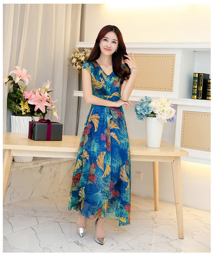 V-neck chiffon print dress slim dress