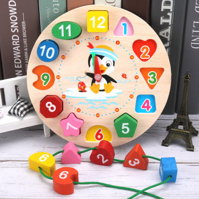 Wooden Clock - Early Education Puzzle Blocks for Shape Matching, Time Concept, and Fine Motor Skill Development