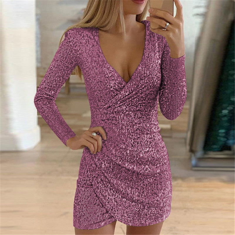 Product Name (Ürün Adı - Belirlenen):Dazzling V-Neck Long Sleeve Sequin Slit Evening Dress