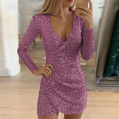 Product Name (Ürün Adı - Belirlenen):Dazzling V-Neck Long Sleeve Sequin Slit Evening Dress