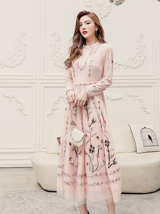 Elegant Embroidered Mesh Maxi Dress with Waist Detail