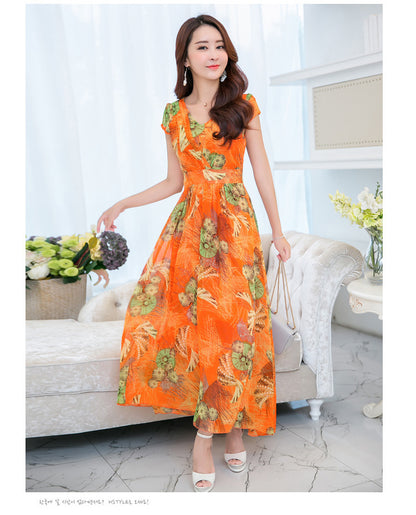 V-neck chiffon print dress slim dress
