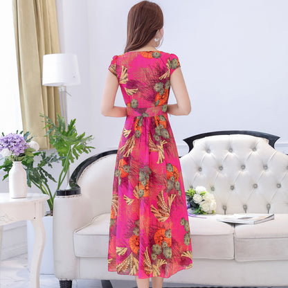 Floor Sweeping Chiffon Printed Maxi Dress with Short Sleeves
