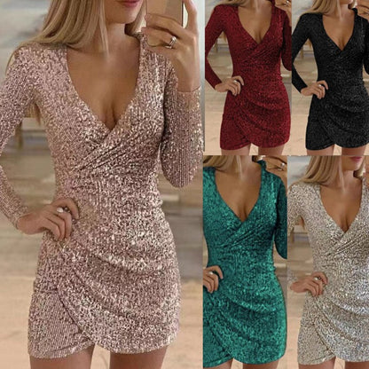Product Name (Ürün Adı - Belirlenen):Dazzling V-Neck Long Sleeve Sequin Slit Evening Dress