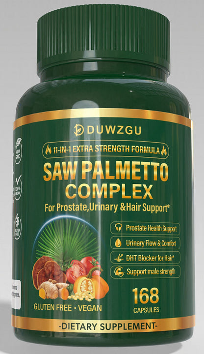 DUWZGU 11-in-1 Extra Strength Saw Palmetto Complex – Gluten-Free & Vegan Dietary Supplement for Men's Prostate Wellness, Urinary Comfort & Hair Vitality (168 Caps)