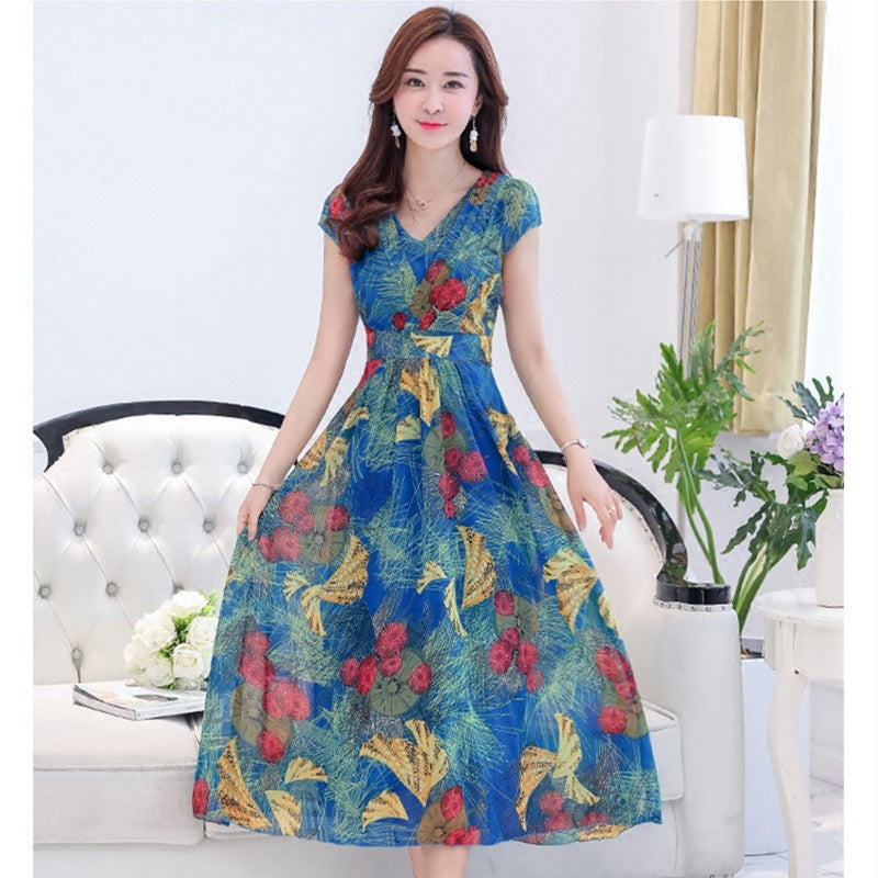Floor Sweeping Chiffon Printed Maxi Dress with Short Sleeves