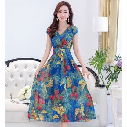 Floor Sweeping Chiffon Printed Maxi Dress with Short Sleeves