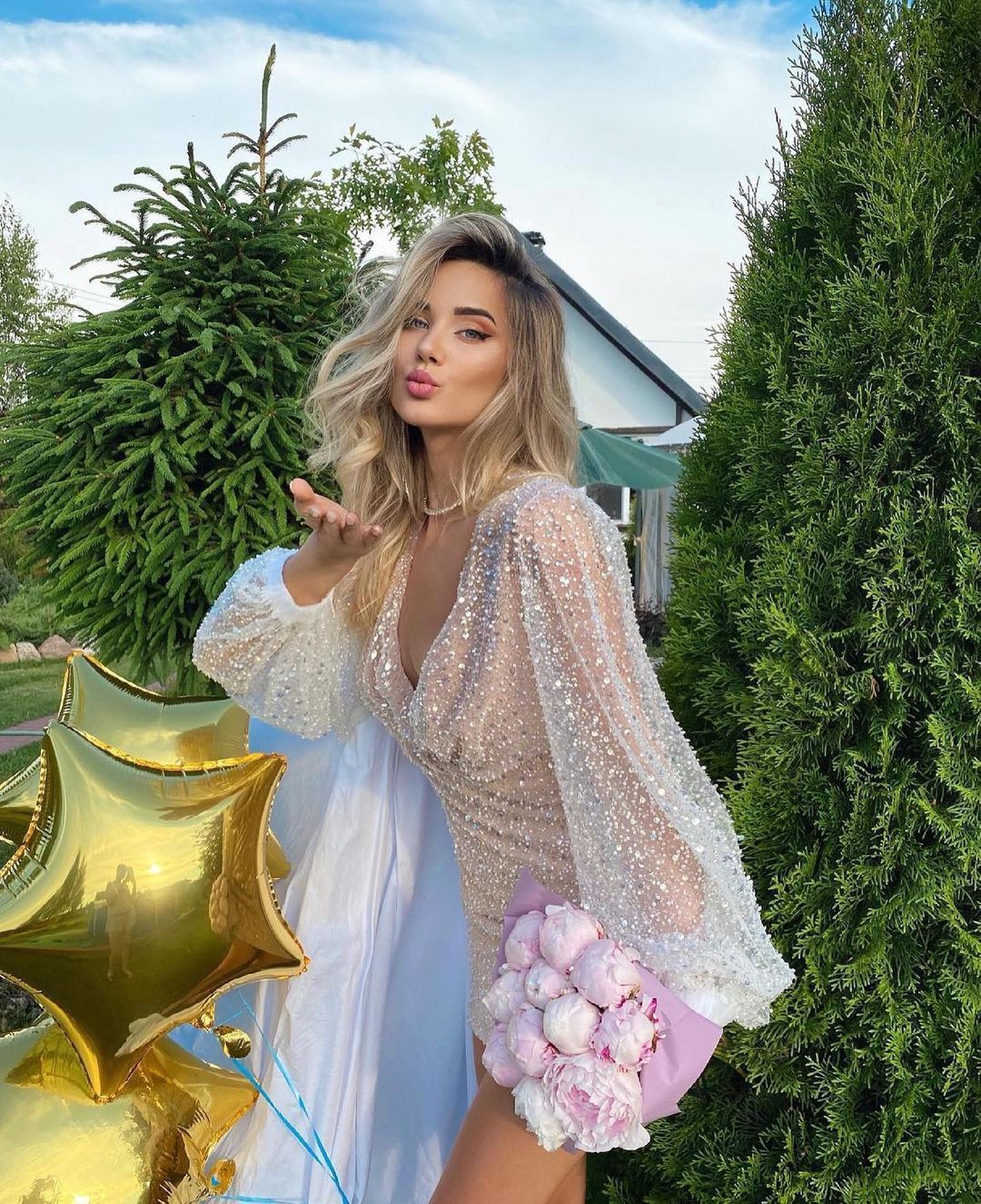 Luxurious Beaded Lantern Sleeve V-Neck Midi Dress with Wrap Detail