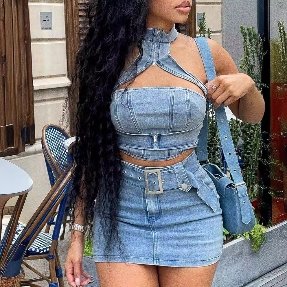Washed Stretch Denim Halter Zipper Casual Skirt Suit