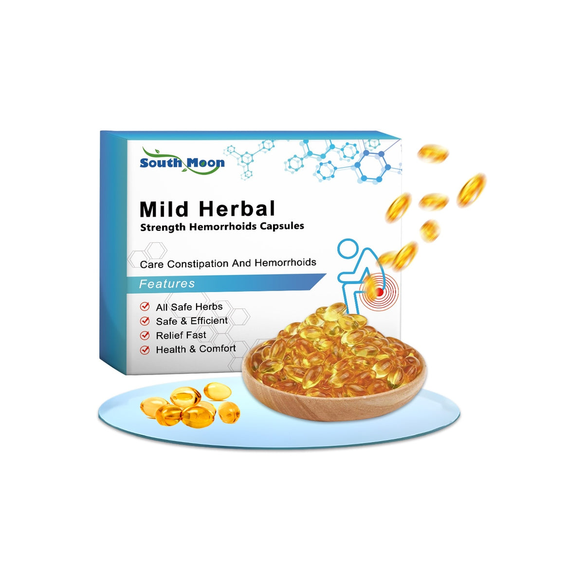 SOUTH MOON Mild Herbal Strength Hemorrhoids Capsules – Systemic Plant-Based Softgel Supplement for Constipation, Intestinal Flora & Perianal Comfort Support (7 Pcs)