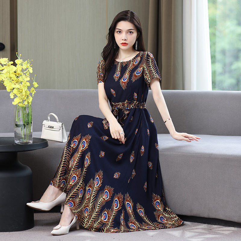 Women's Noil Poplin Dress Ethnic Style Summer Artificial Cotton Slim Fit Large Swing Skirt Short Sleeve