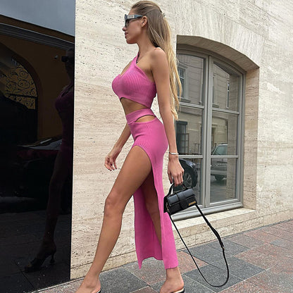 Stylish Sloping Shoulder Crop Top & High Waist Hollow Skirt Set – Tight Two-Piece Cotton Suit (Pink/Black, S-L)