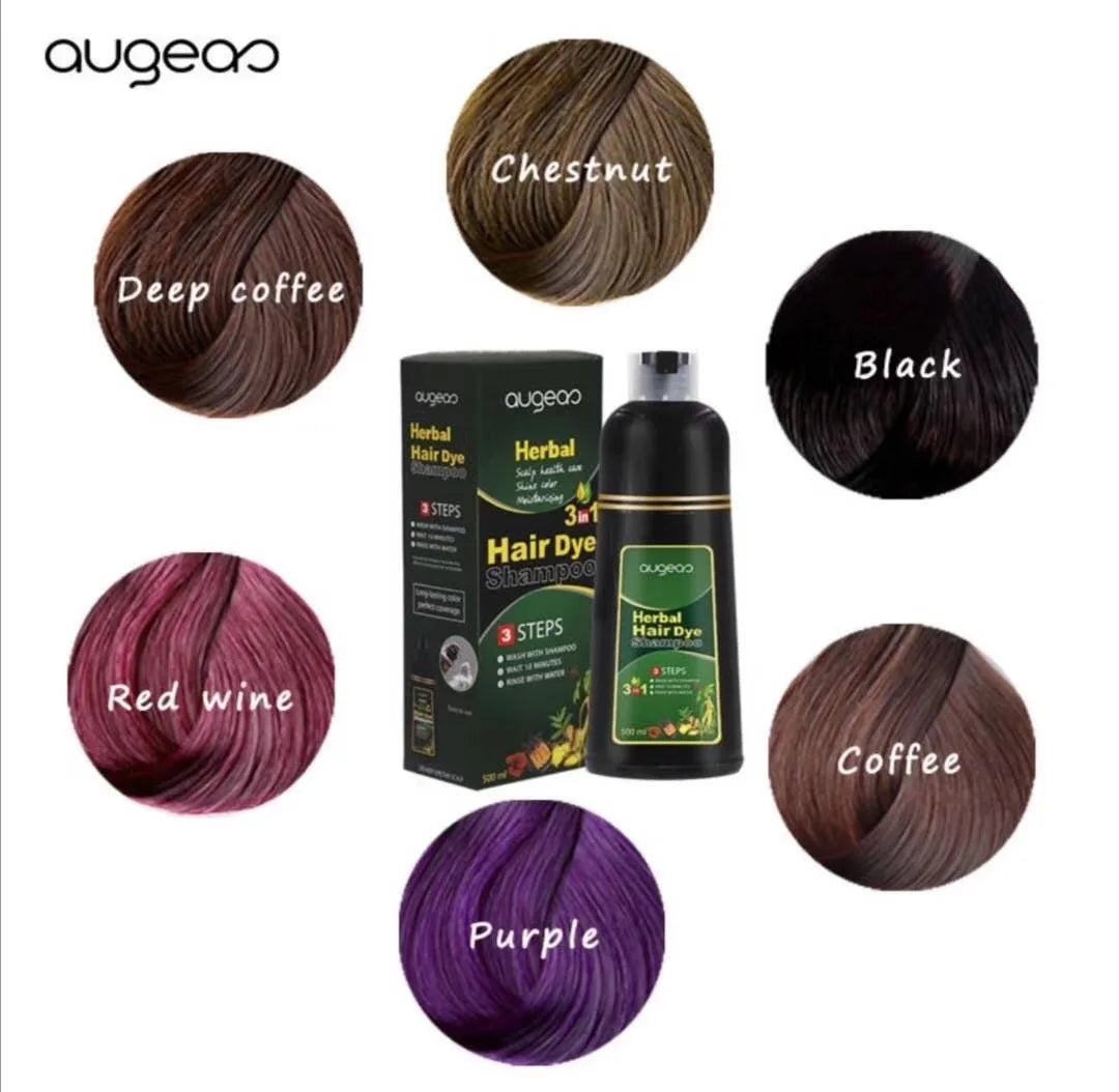 AUGEAU Herbal Hair Dye Shampoo (500ml) – Ammonia-Free, Vegan, Easy Coloring & Nourishing