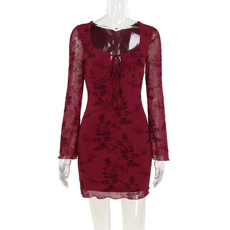 Elegant Style Red Flocking Tied Dress for Women – Printed Hip Skirt Design (XS-L)