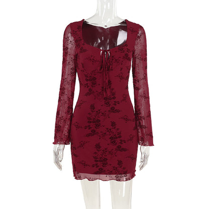 Elegant Style Red Flocking Tied Dress for Women – Printed Hip Skirt Design (XS-L)