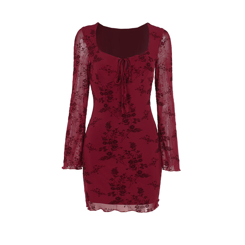 Elegant Style Red Flocking Tied Dress for Women – Printed Hip Skirt Design (XS-L)