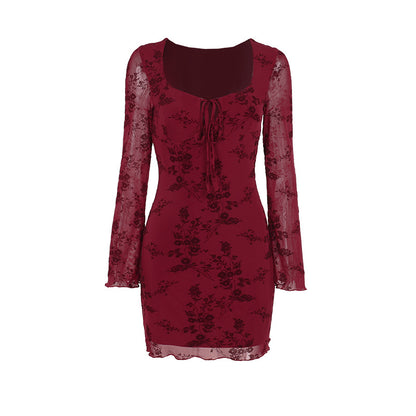 Elegant Style Red Flocking Tied Dress for Women – Printed Hip Skirt Design (XS-L)