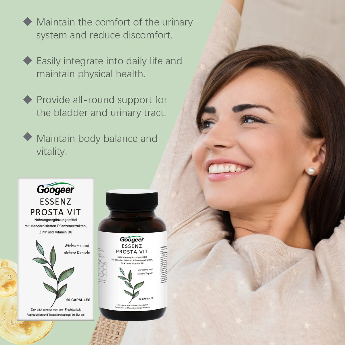 Googeer Prosta Vit Essenz Capsules – Zinc, Vitamin B6 & Standardized Herbal Complex for Men's Bladder Comfort, Testosterone Balance & Urinary Tract Health (60 Count)
