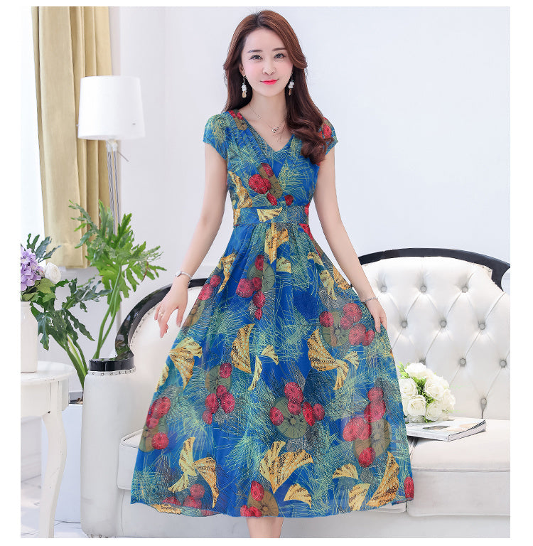 Floor Sweeping Chiffon Printed Maxi Dress with Short Sleeves