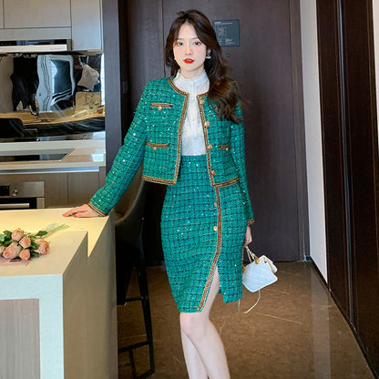 Elegant Green Tweed Coat & Irregular Sheath Skirt Suit – Urban Style with Super Long Sleeves (S-XL)