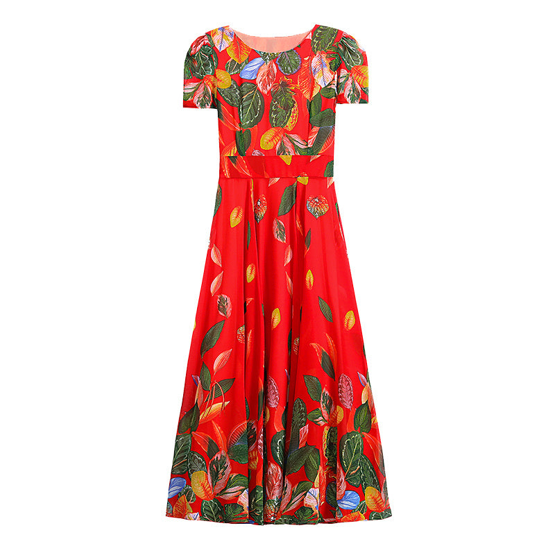 Elegant Pleated Round Neck Printed Midi Dress with Waist Detail