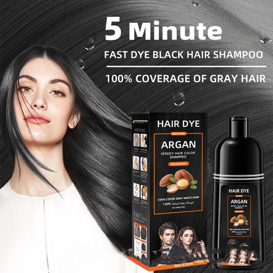 Argan Oil Fast Hair Dye Shampoo (420ml) – 5-Min Gray Coverage, Ammonia-Free Black Color