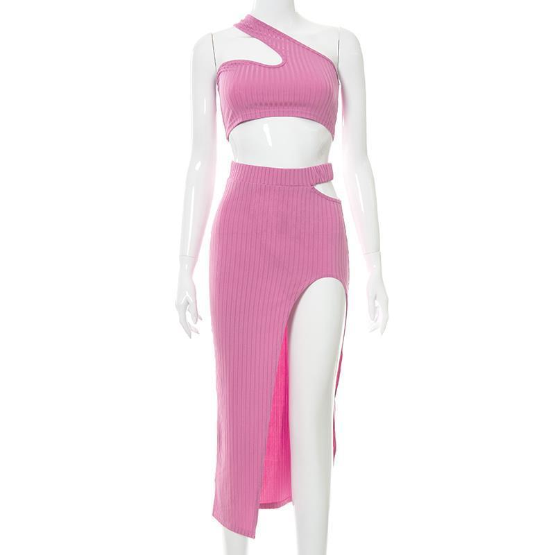 Stylish Sloping Shoulder Crop Top & High Waist Hollow Skirt Set – Tight Two-Piece Cotton Suit (Pink/Black, S-L)