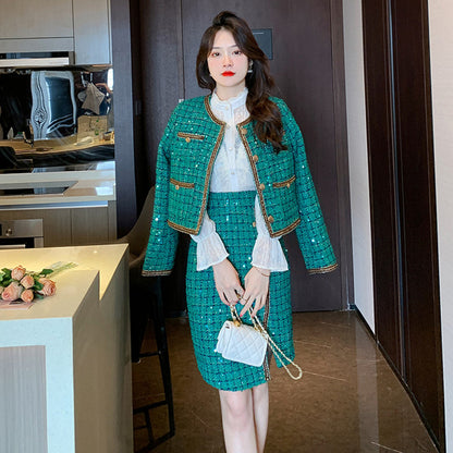 Elegant Green Tweed Coat & Irregular Sheath Skirt Suit – Urban Style with Super Long Sleeves (S-XL)