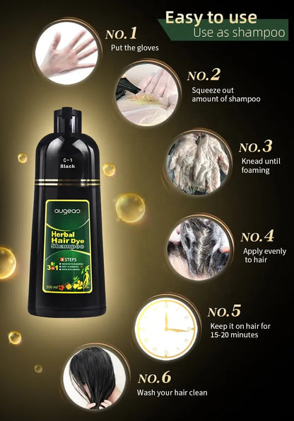 AUGEAU Herbal Hair Dye Shampoo (500ml) – Ammonia-Free, Vegan, Easy Coloring & Nourishing