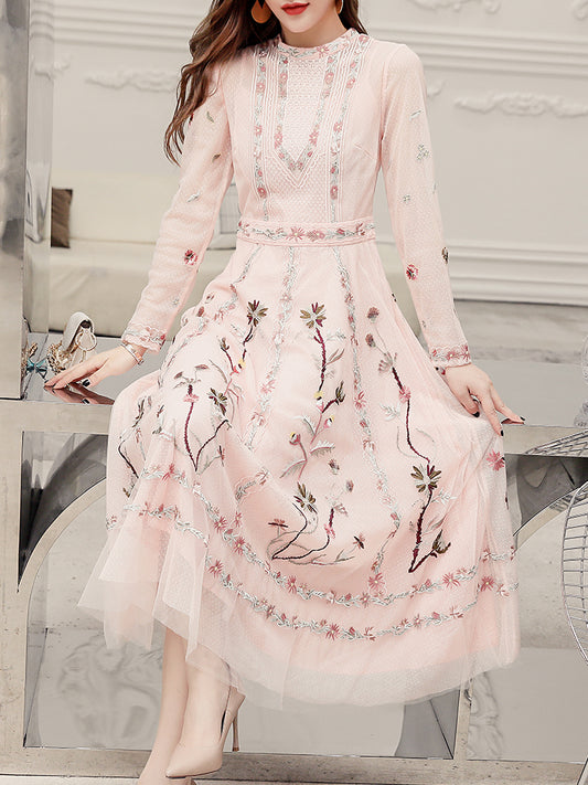 Elegant Embroidered Mesh Maxi Dress with Waist Detail