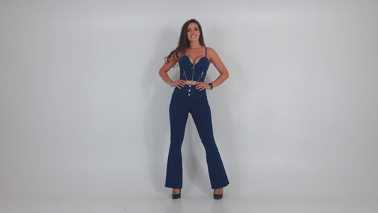 Shaper Set Dark Blue Flared Lift Jeggings Button Up Crop Top Sexy Club Party Set Flare Jeans Woman 2 Pieces Set